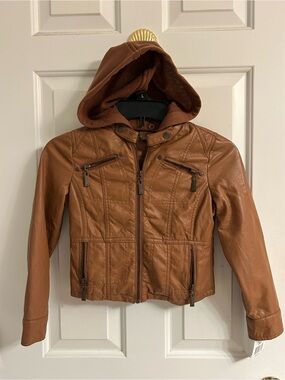 NWT-Girls Hooded Mocha Faux Leather Moto Jacket - Tan